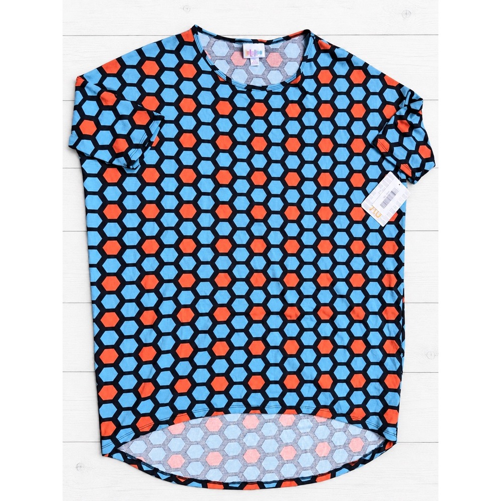 LuLaRoe Irma Tunic Top Hexagon Geometric Print Mod Retro Blue Orange XS